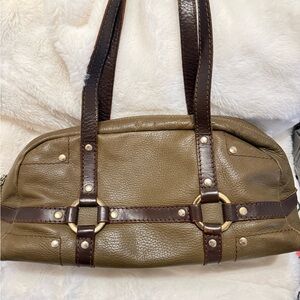 Two-Tone Leather Shoulder Bag with Studded Harness Detail